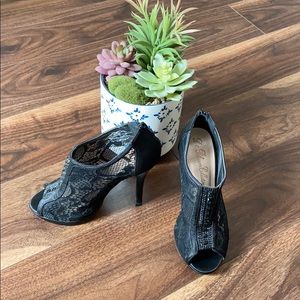 De Blossom Collection Black Lace Ankle Boot Heel
